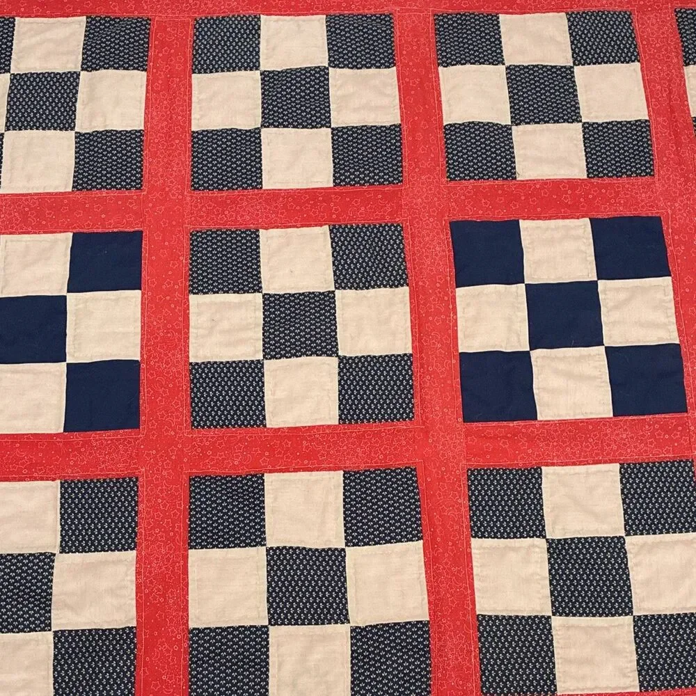 Red Blue White Patchwork Quilt Cottage Style 37 x 48 Rectangular